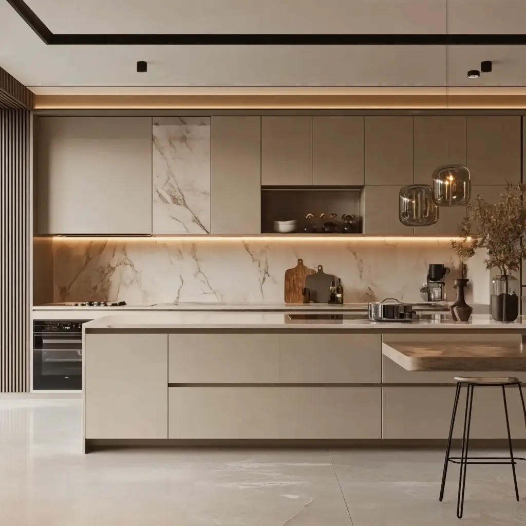 Beige Matte Kitchen Cabinets: A Timeless Choice A close-up of beige matte kitchen cabinets, showcasing the smooth, matte finish.