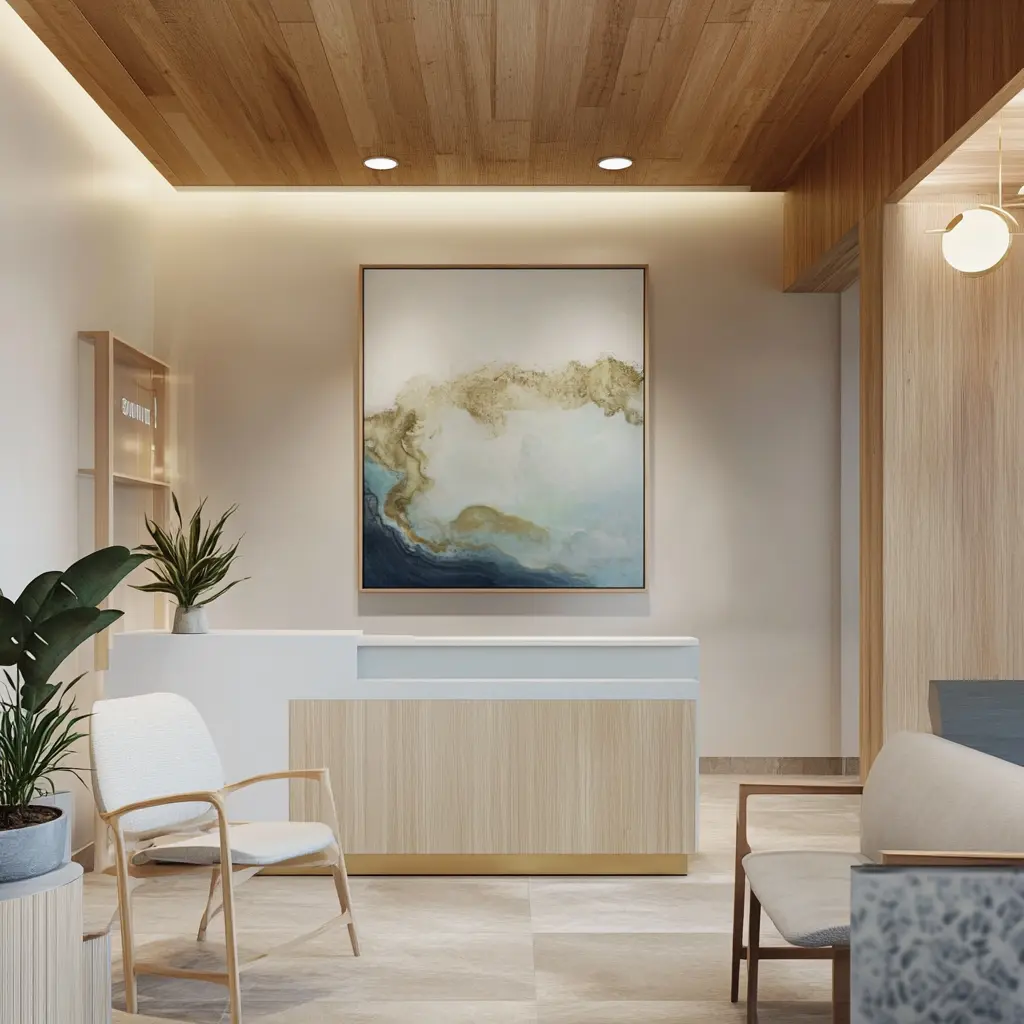 Nature-Inspired Dentistry: A Biophilic Dental Office A patient relaxing in a dental chair surrounded by calming plants and natural light.
