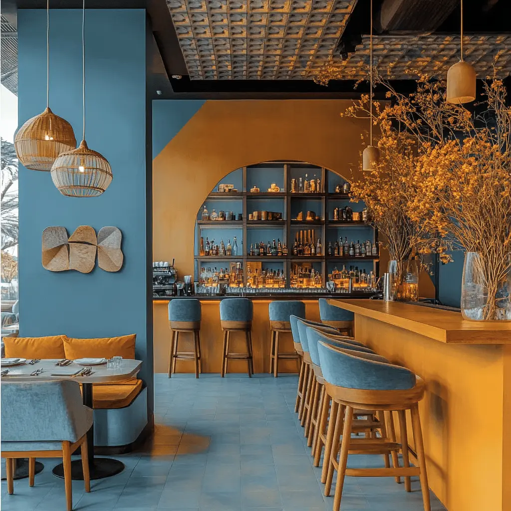 Blue and Orange Restaurant Interior Design A modern restaurant interior with blue and orange color scheme, featuring comfortable seating and a sleek bar.