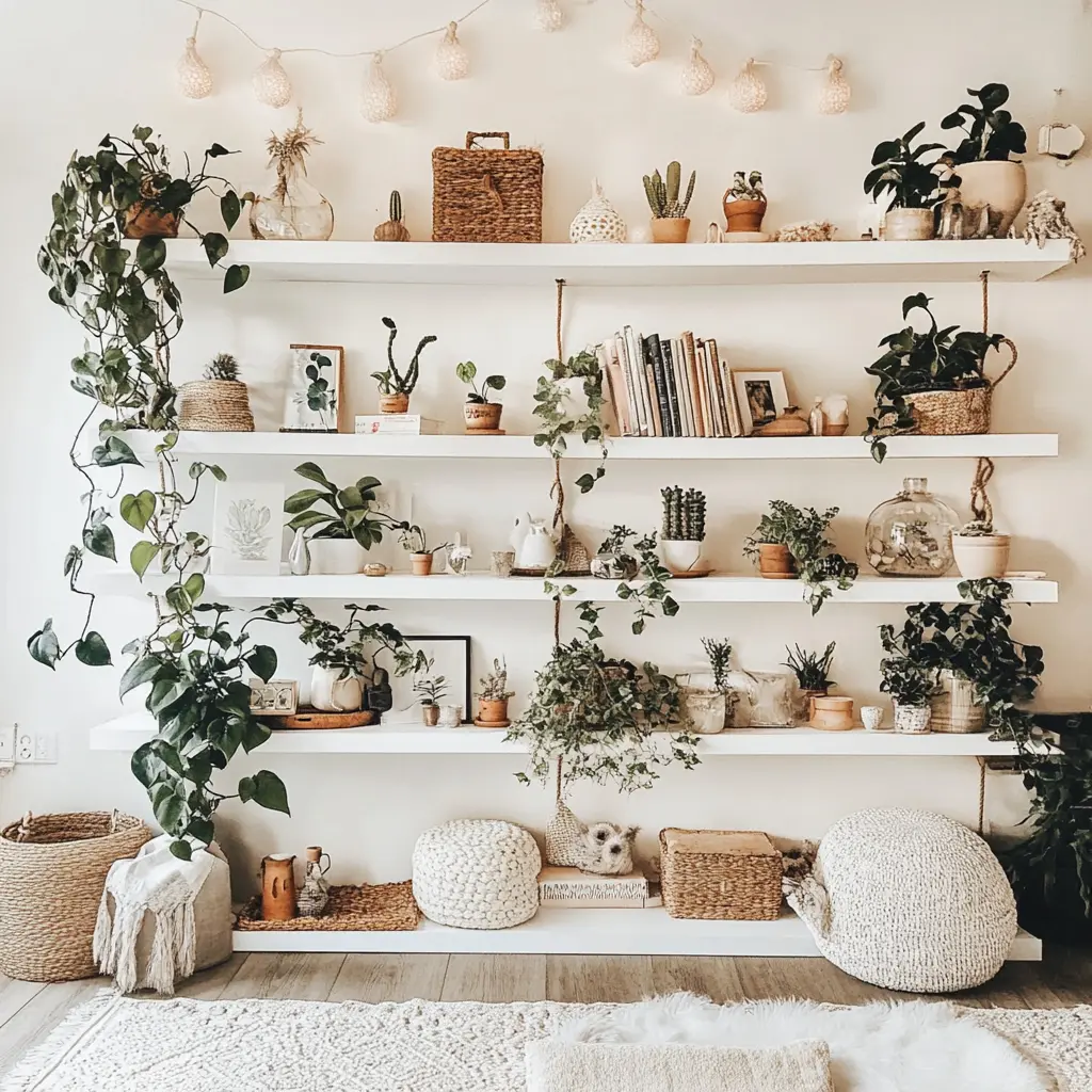 DIY Four long wooden shelves mounted on a white wall, adorned with a curated collection of plants, books, and decorative objects in a boho chic style.