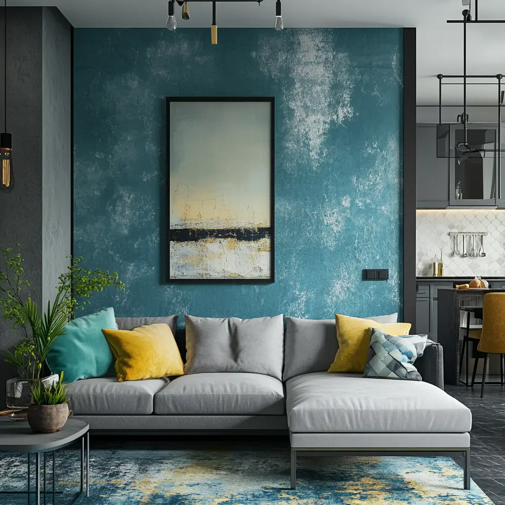 DIY A living room with a deep teal feature wall, contrasting beautifully with neutral-colored sofas and armchairs.