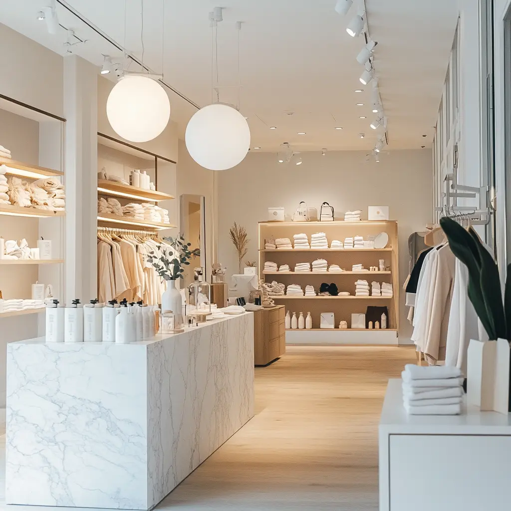 Minimalist Women's Boutique: Marble, Gold, and Glass A minimalist women's boutique interior with white walls, marble shelves, and gold accents.