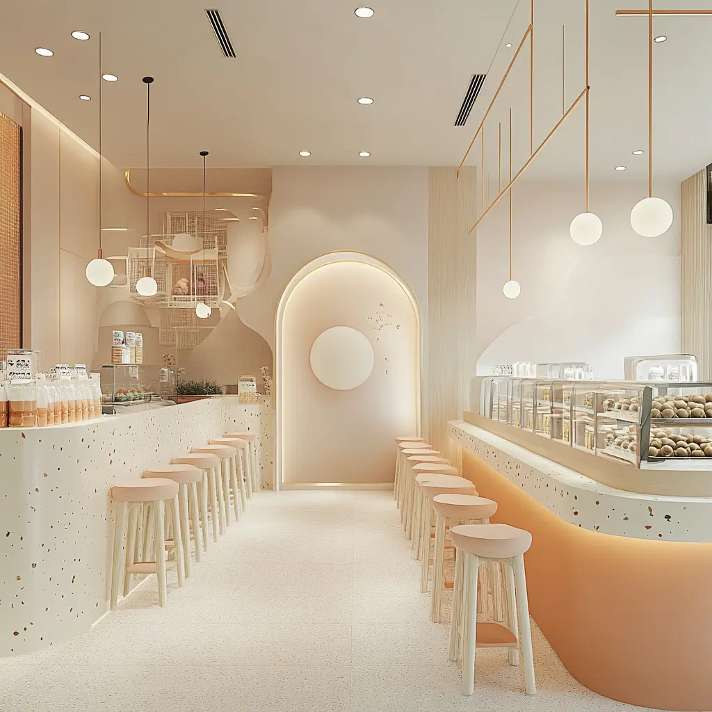 Bright and Airy Bubble Tea Shop Interior Design A bright and airy bubble tea shop interior with light-colored walls and modern furniture.