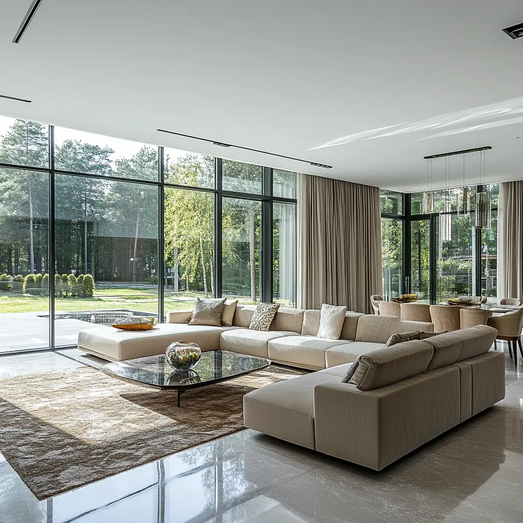 Bright and Airy Living Room: Modern Interior Design Ideas A modern living room with large windows, flooded with natural light and featuring sleek furniture.