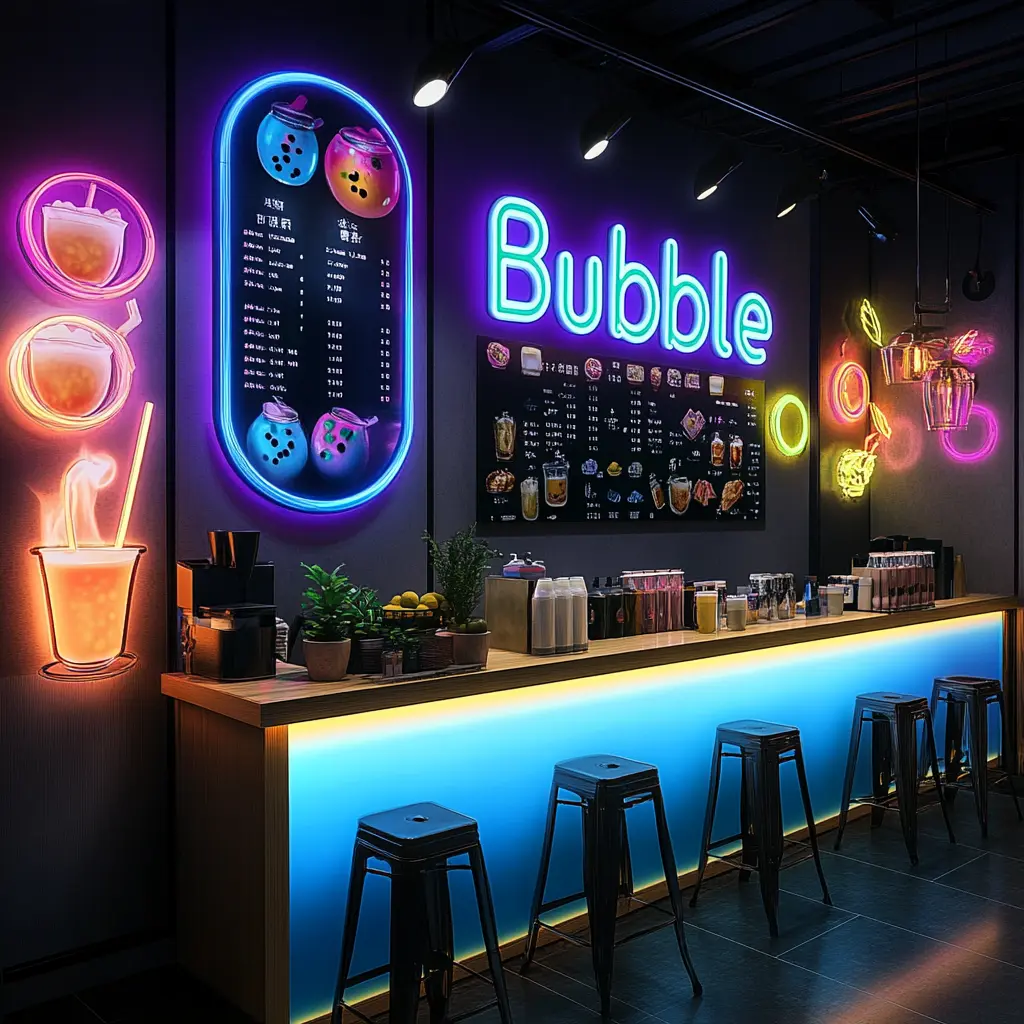 Vibrant Bubble Tea Shop Menu with Colorful Wall and Bold Logo A close-up of a bubble tea shop's menu displayed on a vibrant, fluorescent wall, featuring the bold