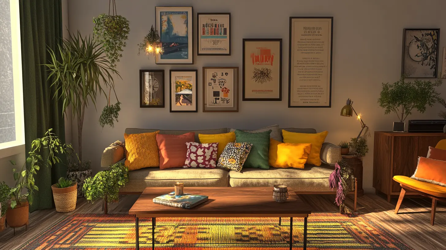 A cozy living room with a DIY gallery wall, colorful throw pillows, and repurposed furniture.