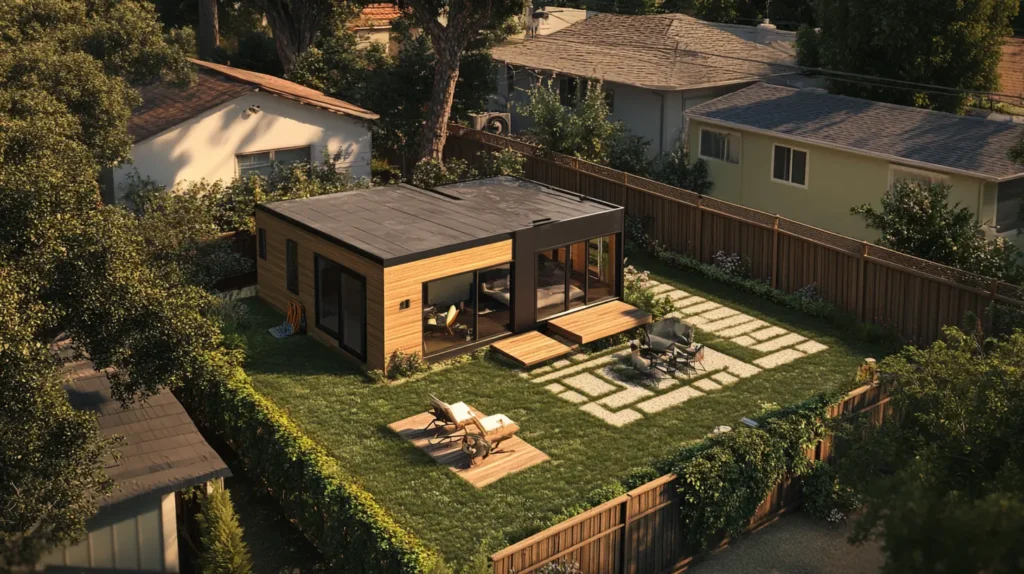 Housing Isometric aerial view of a single-family home in California with an attached accessory dwelling unit (ADU).