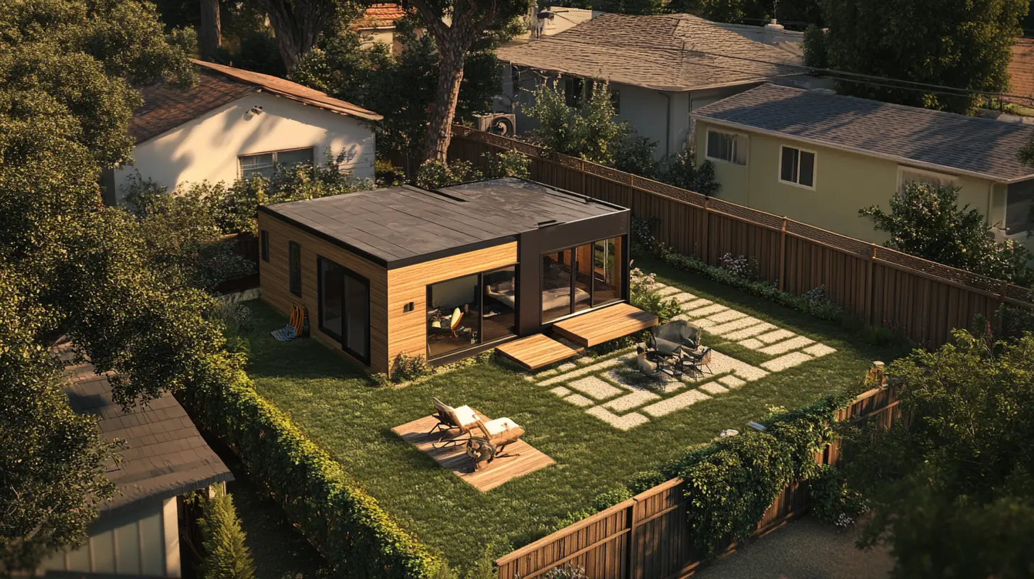 Isometric aerial view of a single-family home in California with an attached accessory dwelling unit (ADU).