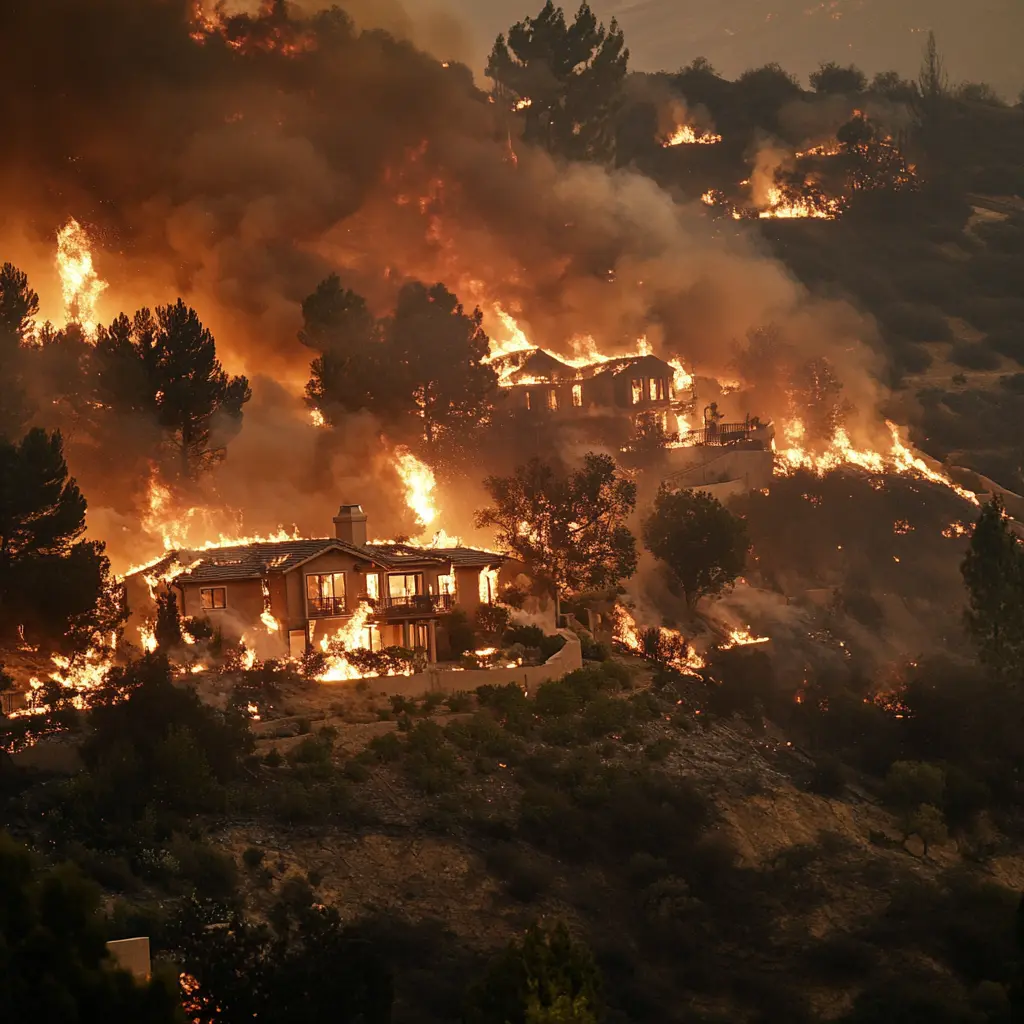 A house engulfed in flames on a California mountainside as thick smoke billows into the sky.