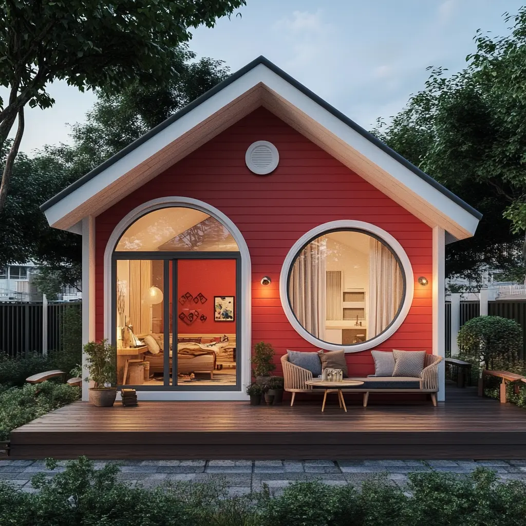 Huntington Beach A small house with a spacious front porch, featuring simple, elegant design elements.