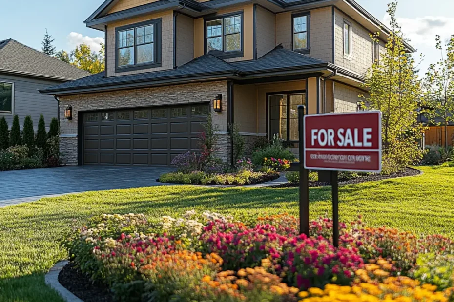 A photo of a charming suburban home for sale, showcasing a welcoming design with a neatly landscaped yard and a "For Sale" sign.