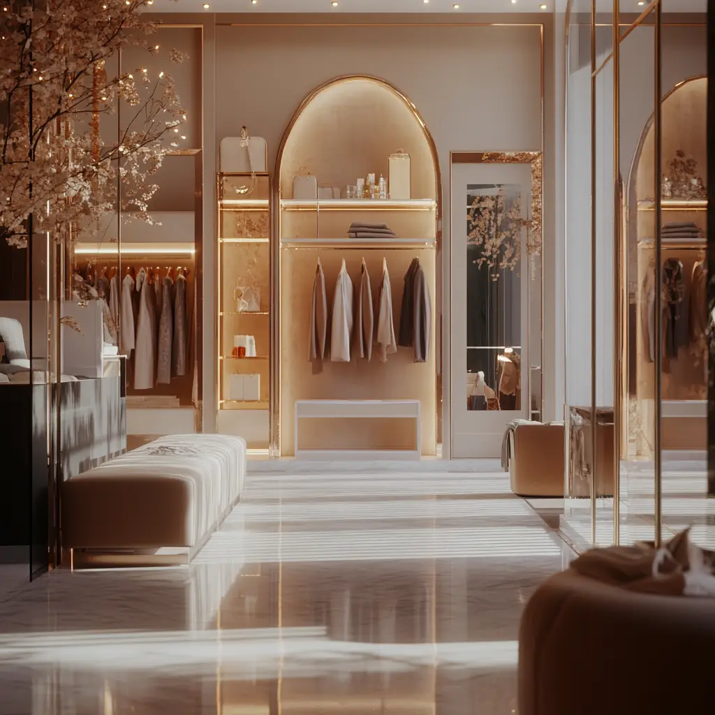 Cinematic Fashion: Modern Women's Clothing Boutique A minimalist, modern clothing boutique with stylish mannequins and a cinematic atmosphere.