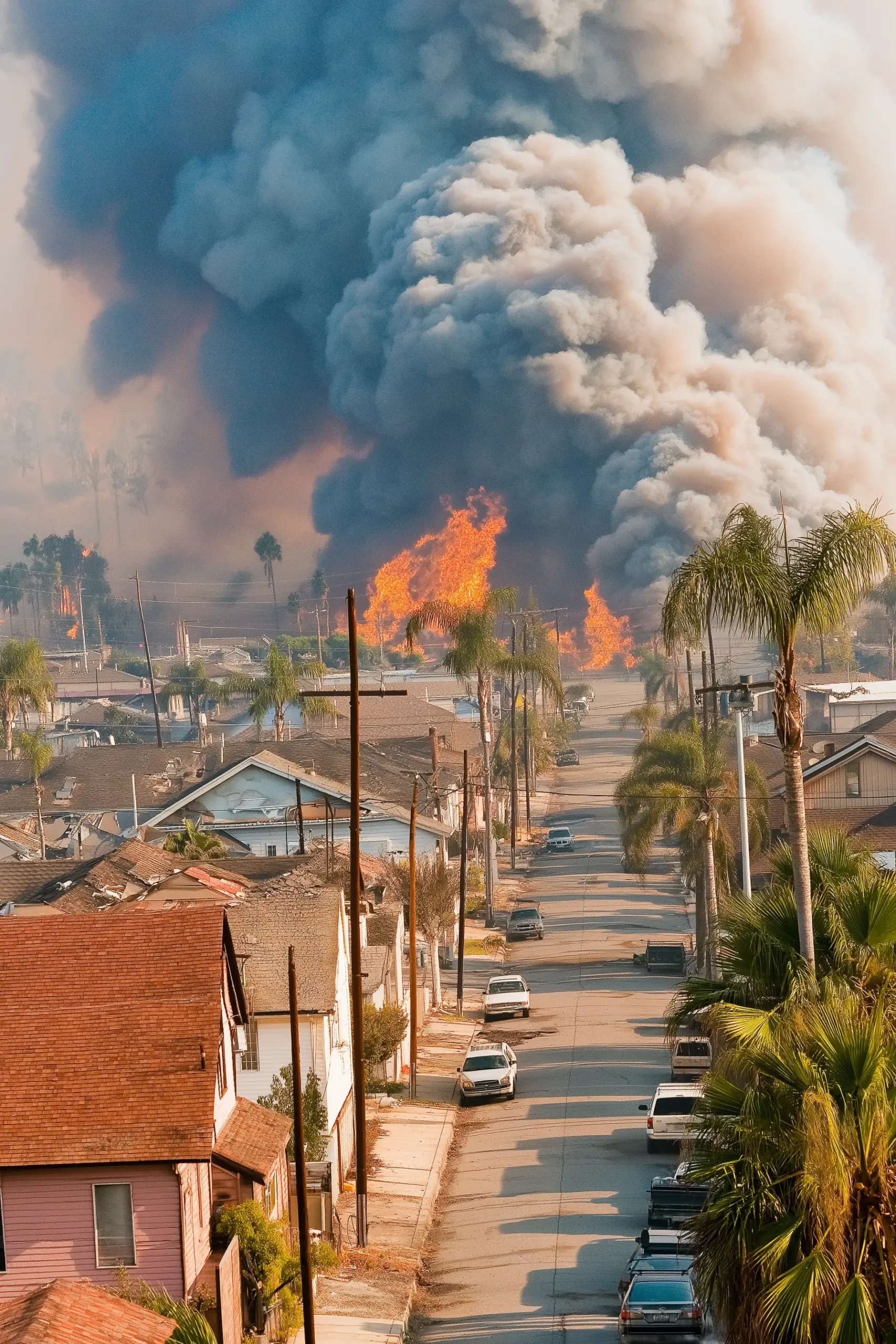 A cinematic shot of an American suburban neighborhood with a wide view, vibrant colors, and dramatic depth of field. A small fire is visible in the distance.