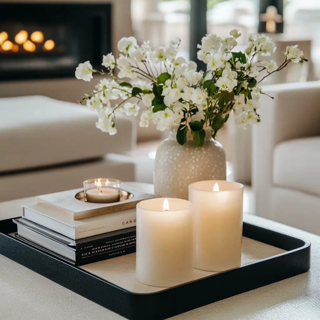 DIY A minimalist tray on a coffee table, holding candles, books, and a vase with fresh flowers.