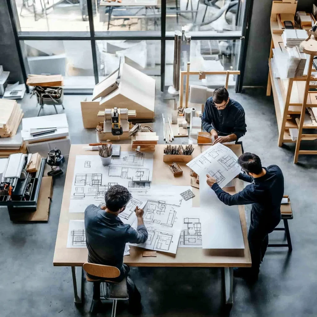 Construction plans spread out on a table during a planning meeting.