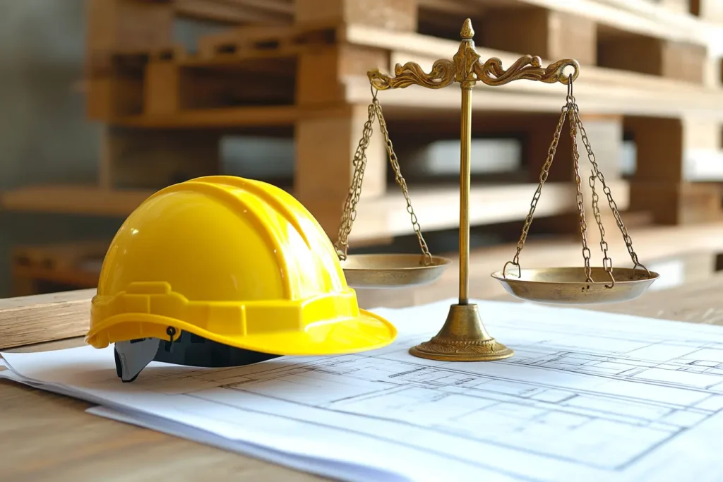 A yellow hard hat and scales of justice resting on top of architectural blueprints, representing construction site safety and legal compliance.