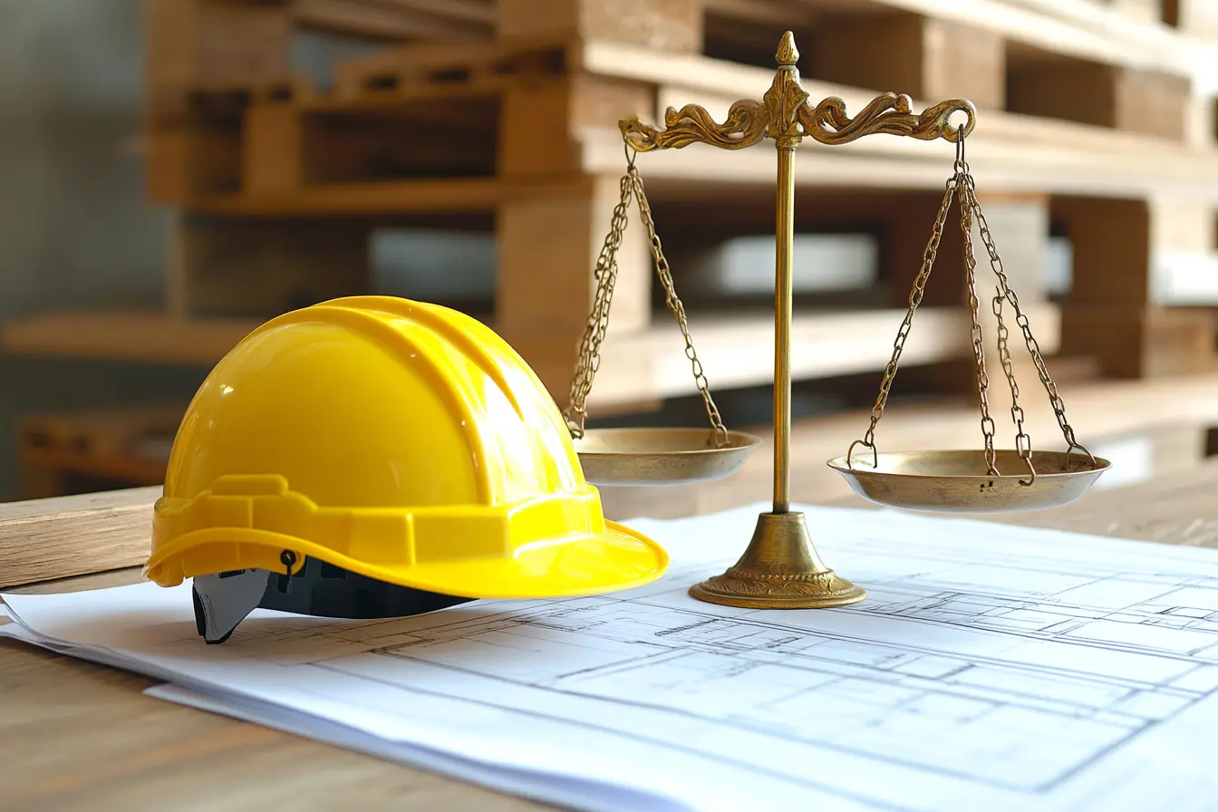 A yellow hard hat and scales of justice resting on top of architectural blueprints, representing construction site safety and legal compliance.