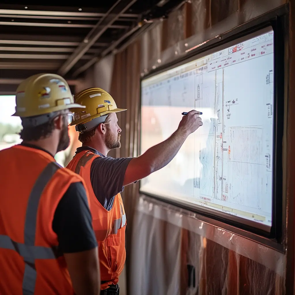 Construction Site Tech: Crew Reviews Project Data on Big Screen Construction workers review project data on a large screen inside a jobsite trailer.