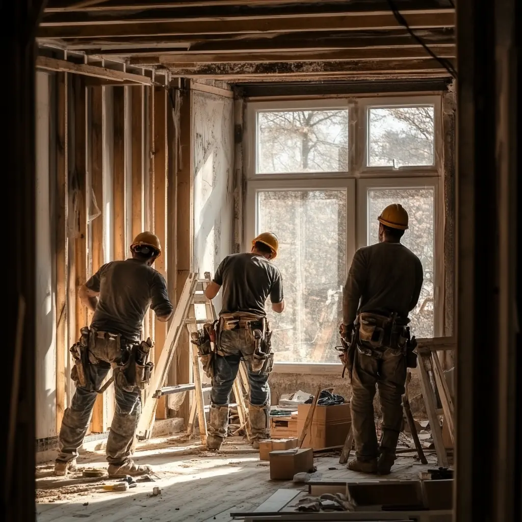 Construction Workers Building a New Home Construction workers installing cabinets in a new home.