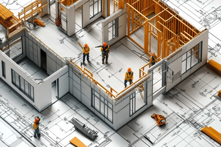 Construction workers gathered around an isometric building blueprint.