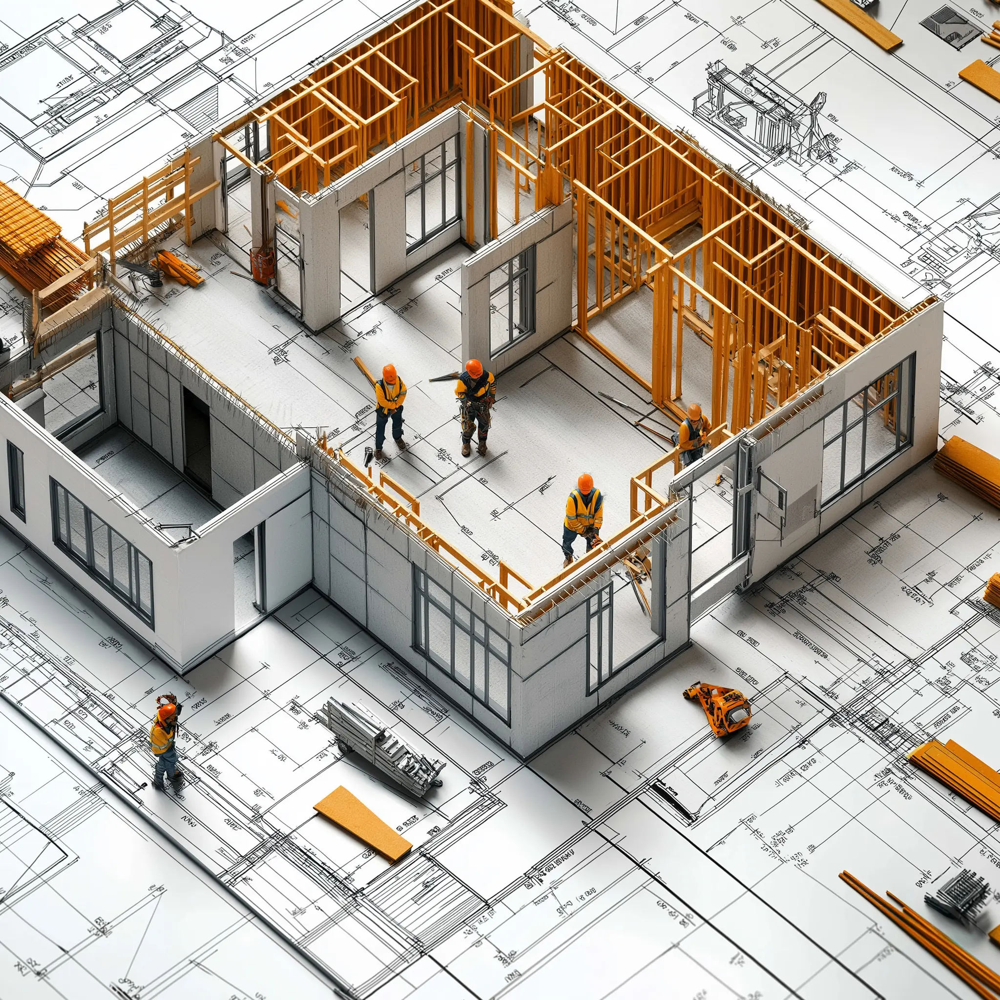 Construction workers gathered around an isometric building blueprint.