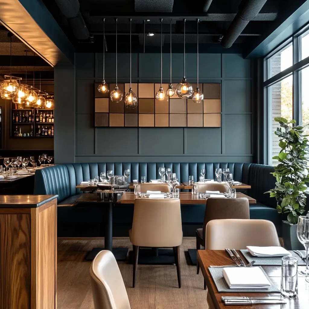 Contemporary Steakhouse Dining: Dark and Moody Ambiance A modern steakhouse dining room with dark blue, brown, and green color scheme.