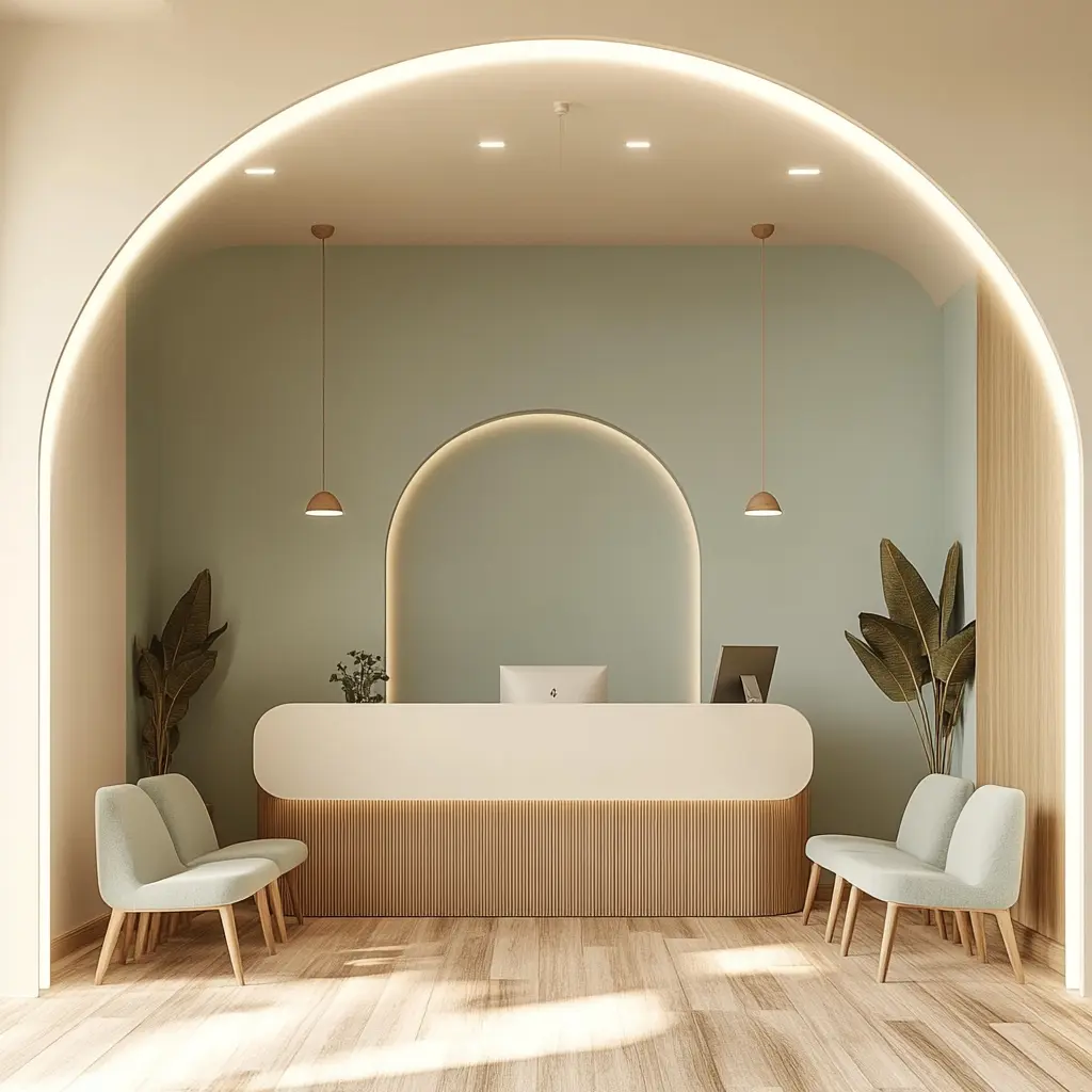 Contemporary Waiting Room Design for Doctor's Offices A contemporary doctor's office waiting room with a modern reception desk, comfortable seating, and a light and airy atmosphere.