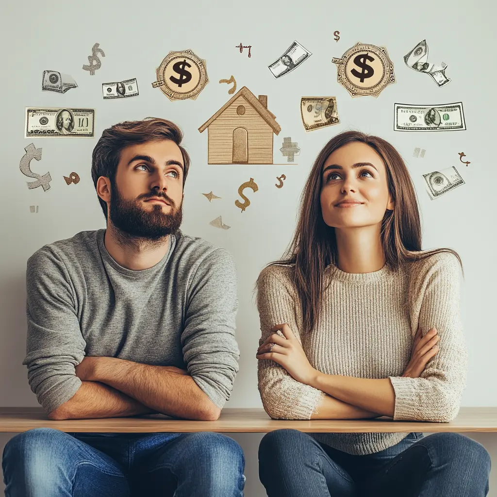 A couple excitedly talks about buying a house, with money symbols floating around their heads.