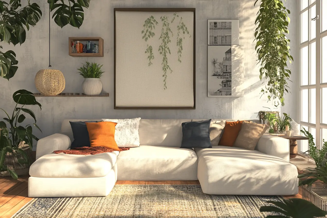 A cozy apartment interior with DIY wall art, neutral-colored walls, and affordable decor accents.