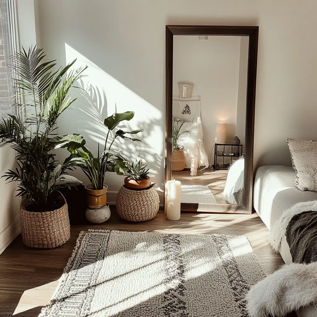 A cozy apartment with affordable decor, featuring a large mirror reflecting light, area rugs, and indoor plants.