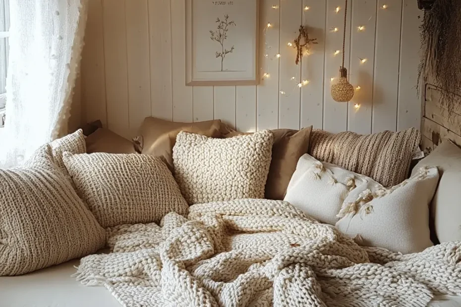 Milk-colored sofa with a knit blanket and multiple pillows in a bedroom featuring warm colors and a cozy ambiance.