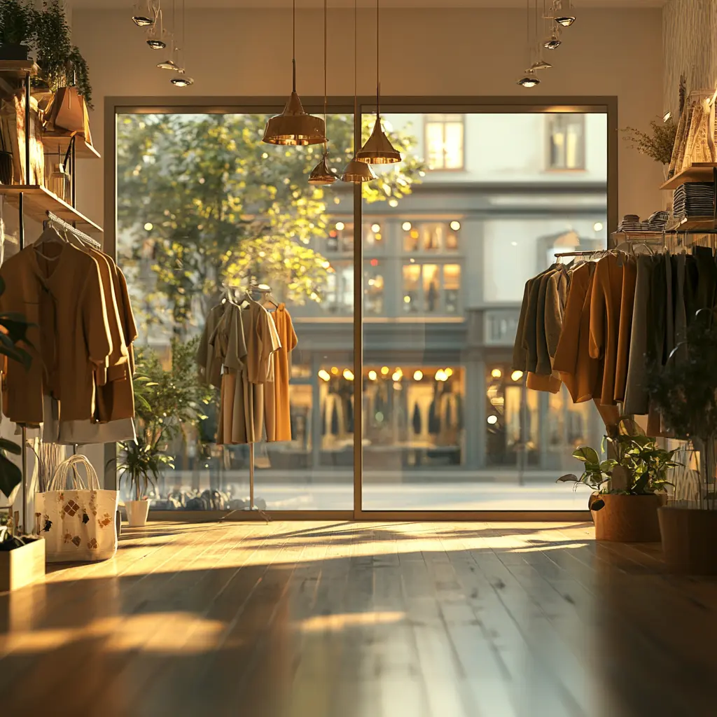 Cozy Clothing Store Interior: A Warm and Inviting Space A cozy clothing store interior with warm lighting and inviting decor.