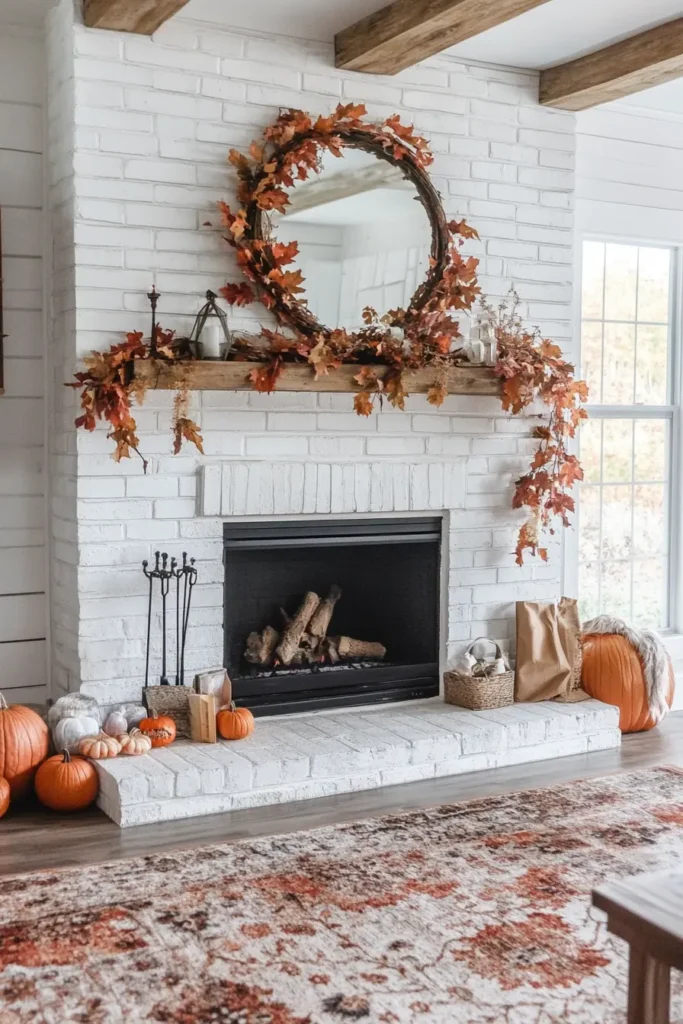 DIY A whitewashed brick fireplace mantel decorated with pumpkins, candles, and autumn leaves.