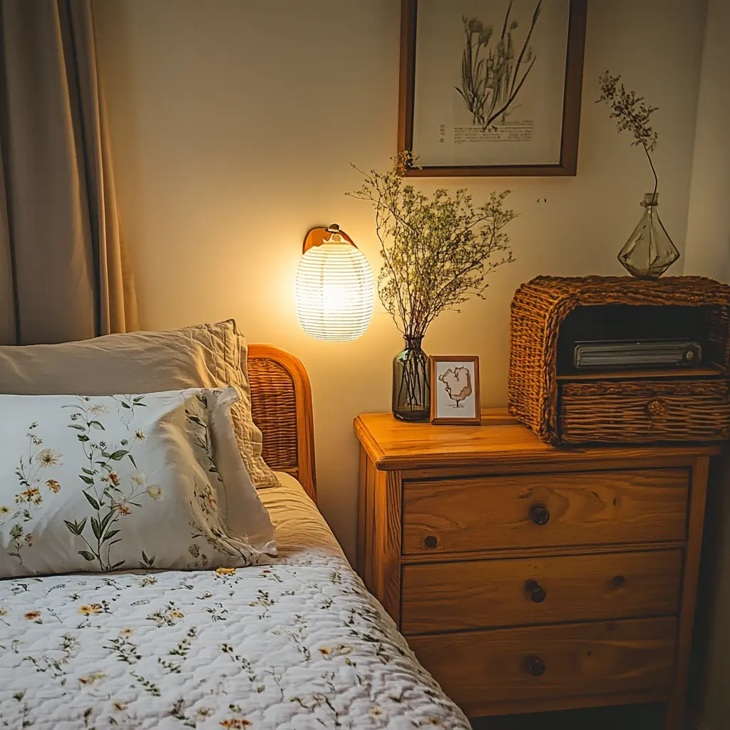 A close-up of a neatly made bed in a homestay bedroom with a bedside table, lamp, and a framed photo.