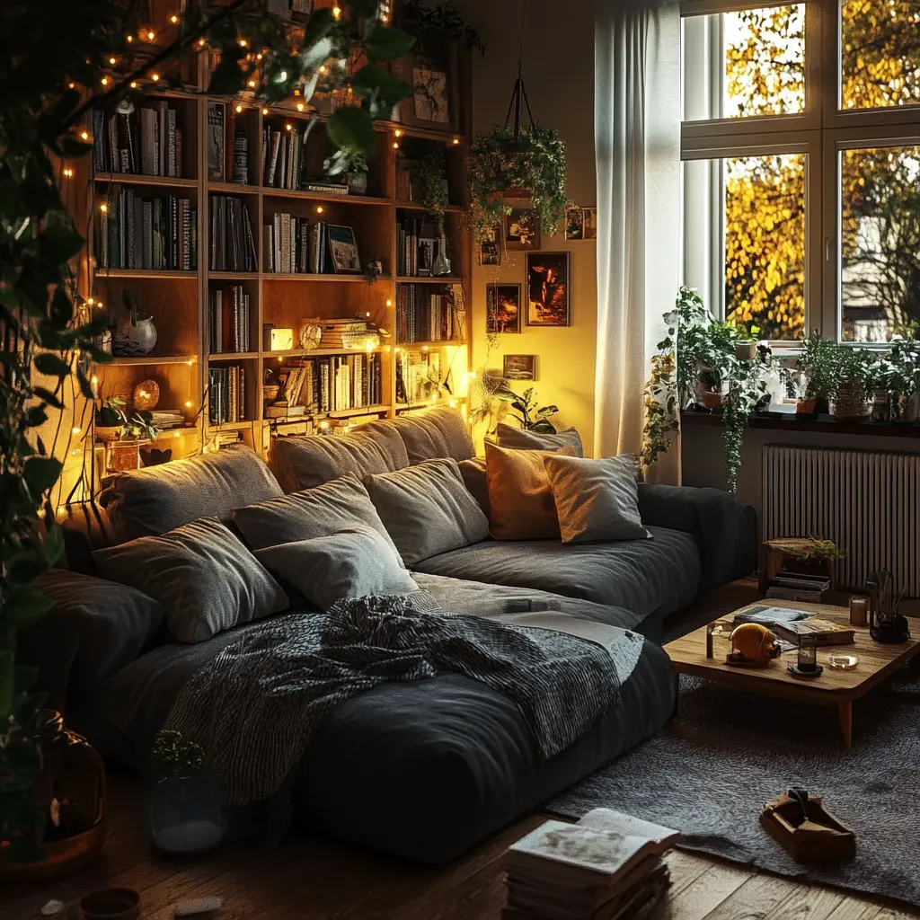 DIY A cozy living room with warm, indirect lighting creating a relaxing atmosphere.