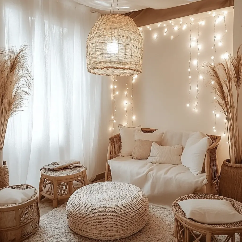 DIY A cozy room featuring soft lighting, fairy lights, and a DIY woven lamp shade creating a warm and inviting ambiance.