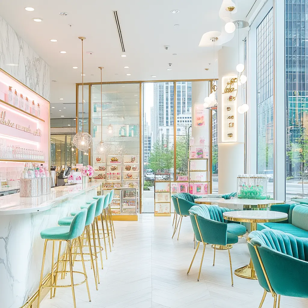 Design Inspiration: Luxurious Boba Shop Interior Close-up of a sleek marble countertop with vibrant bubble tea drinks displayed on a backlit menu wall in a luxurious boba shop.