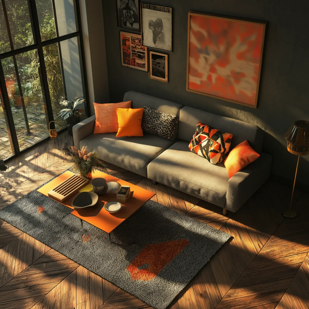 DIY A modern living room with a diagonal striped rug, a chevron patterned sofa, and abstract art with diagonal lines.
