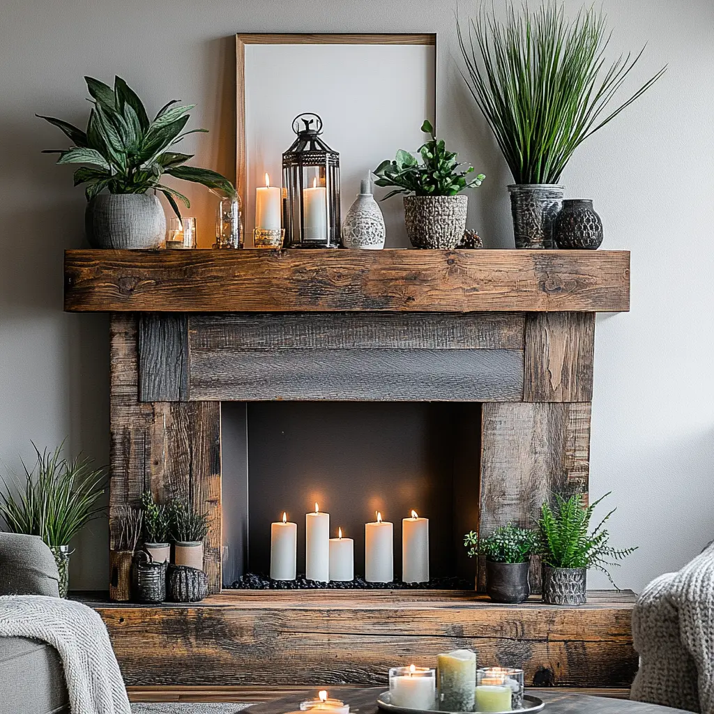 A close-up of a faux fireplace mantel made from reclaimed wood, decorated with candles, plants, and small decorative items.