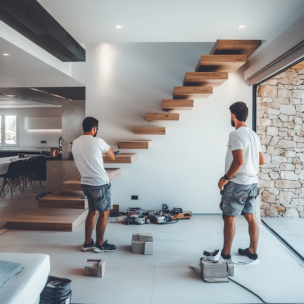 DIY Floating Wooden Staircase: A Modern Home Improvement Project Two men in shorts and t-shirts building a floating wooden staircase in a modern home.