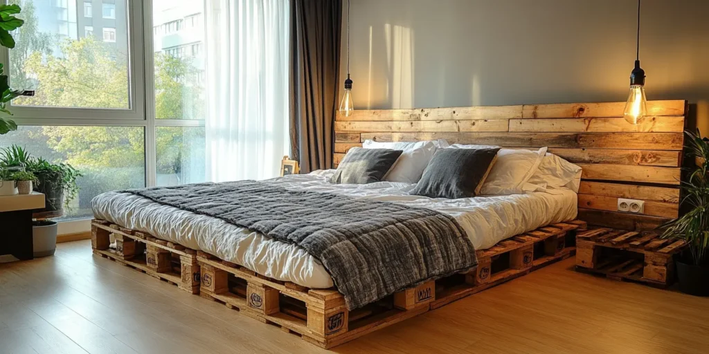 DIY A close-up of a rustic wooden pallet bed frame with soft white bedding in a bright bedroom.
