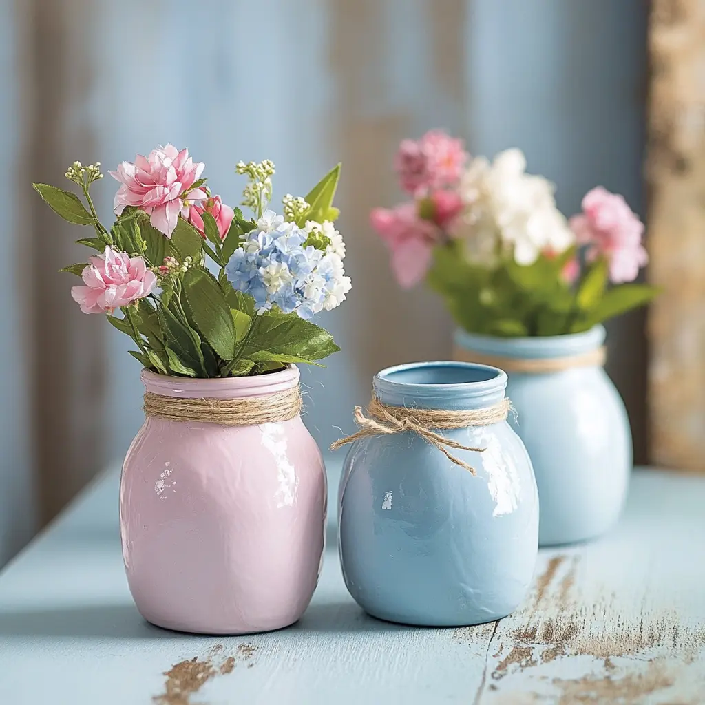 A close-up of a painted mason jar used as a vase, filled with colorful flowers.