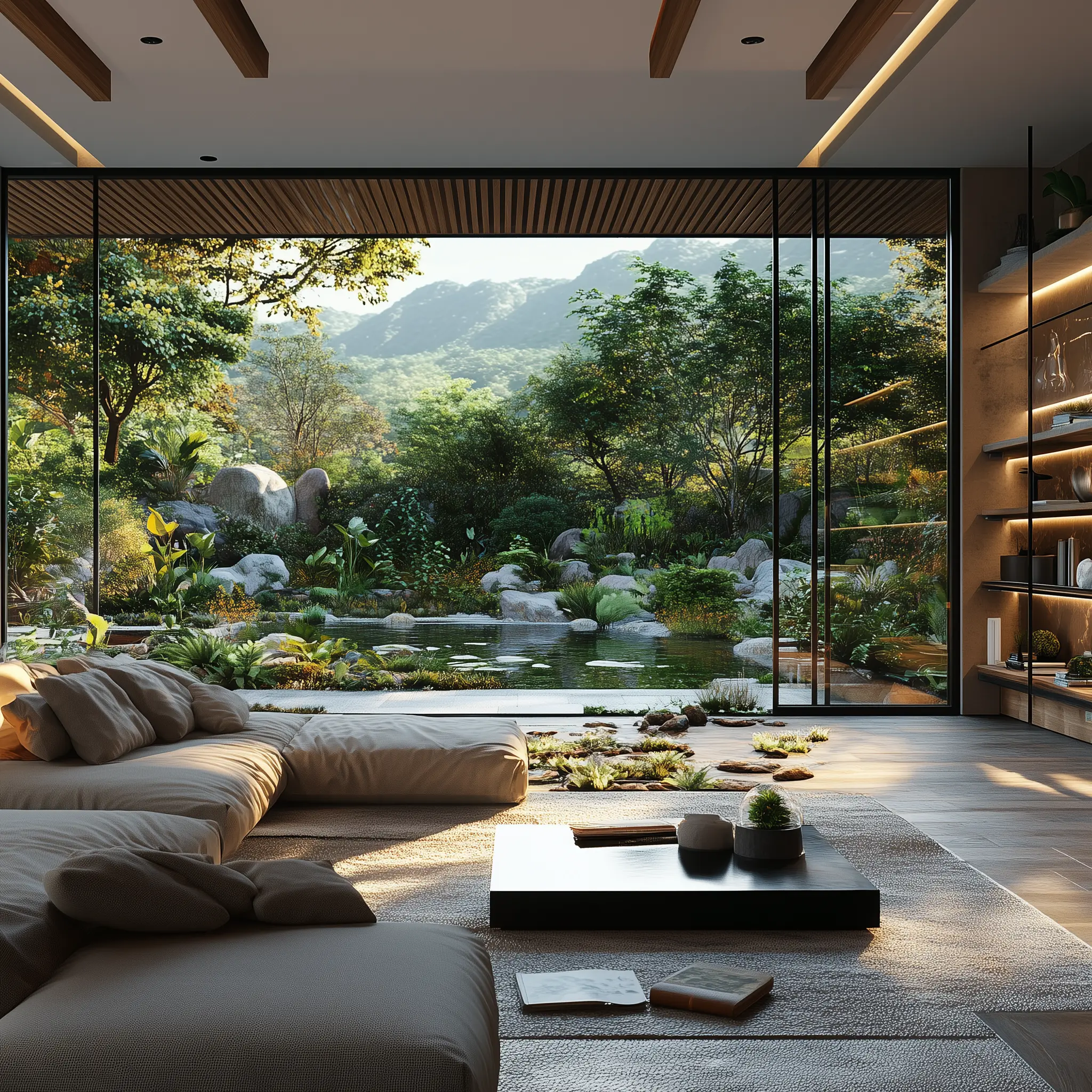 Dream Home: Modern Living with Stunning Mountain Views Photorealistic rendering of a modern living room with floor-to-ceiling windows overlooking a mountain landscape, a swimming pool, and a lush garden.