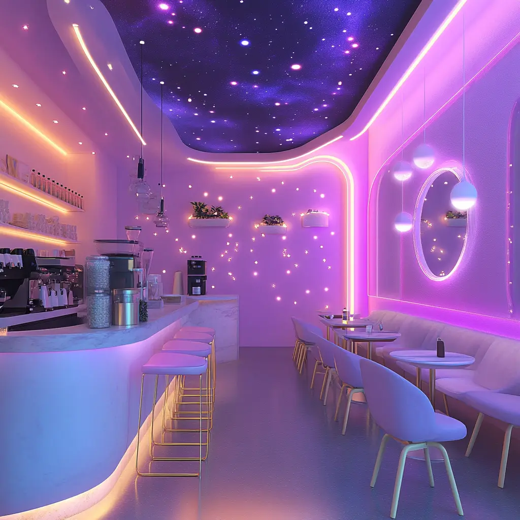 Dreamy Coffee Shop Interior Design with Neon Lights A cozy coffee shop interior with soft pink and purple walls, adorned with neon lights, creating a dreamy and inviting atmosphere.