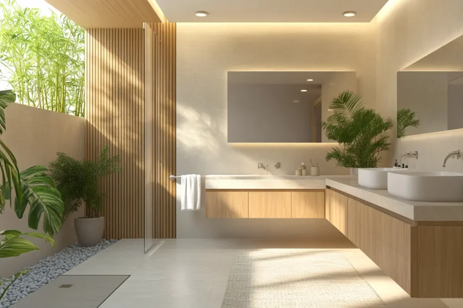 Side view of an eco-friendly bathroom remodel with water-saving faucets, bamboo cabinetry, and recycled tiles.