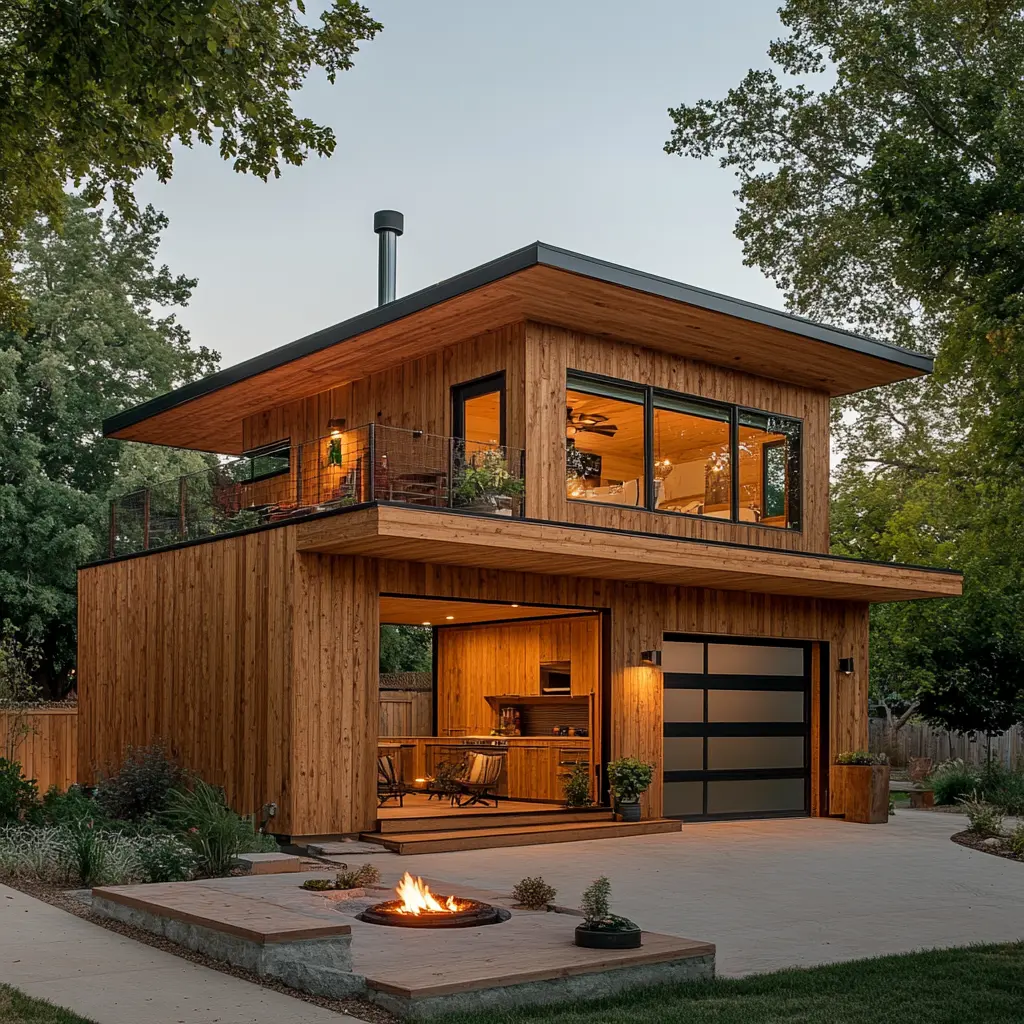 Building ADU Exterior view of a modern plywood home with a covered porch, a rooftop deck, a built-in shed, a raised deck carport, a fire pit, and a chimney.