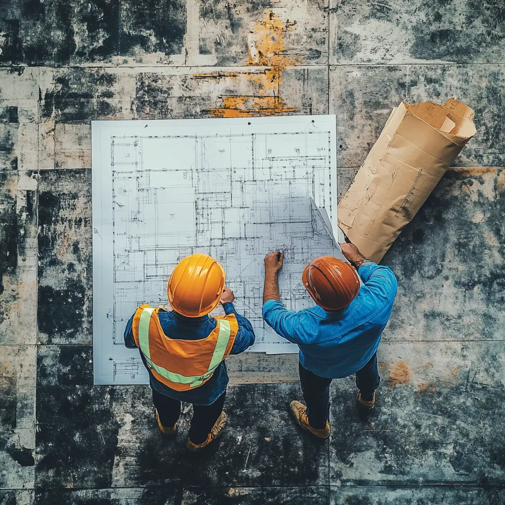 Huntington Beach Two engineers standing on a construction site, reviewing blueprints together.