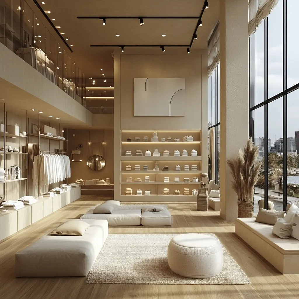 Experience Fashion: A Stunning Clothing Store Interior A customer browsing through clothing racks in a beautifully designed clothing store with high ceilings and natural light.