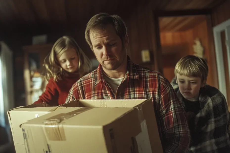 A family looks sad and overwhelmed while moving out of their home.
