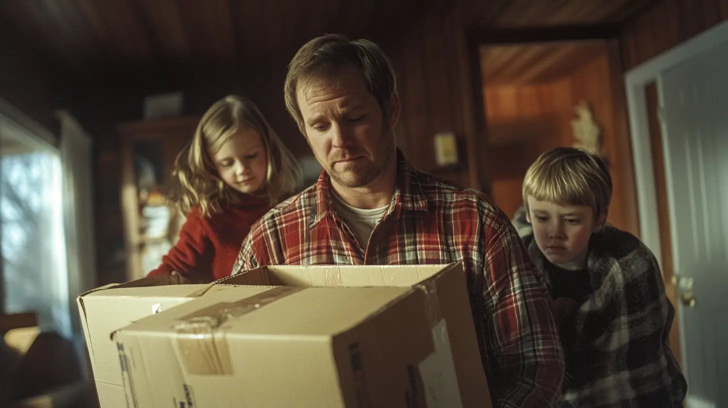 A family looks sad and overwhelmed while moving out of their home.
